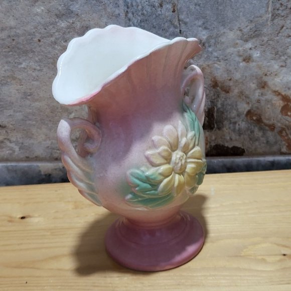 VTG USA Pottery Pink Green Yellow Flower Vase Pleated Fan Top Double Handles - Picture 14 of 14